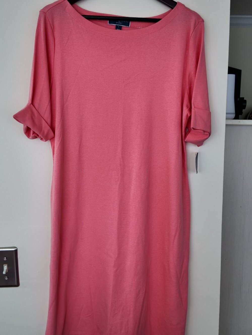 Karen Scott Sport Coral Pink Boatneck T-Shirt Dress Rolled Sleeve | Size L